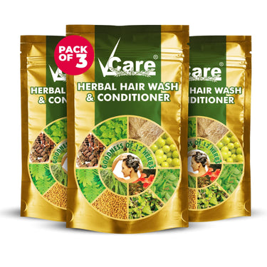 VCare Herbal Hair Wash And Conditioner For Men And Women| 100% Natural With 12+ Herbs Amla, Shikakai, Bhringraj, Hibiscus Powder For All Hair Type,-100gm (Pack Of 3)